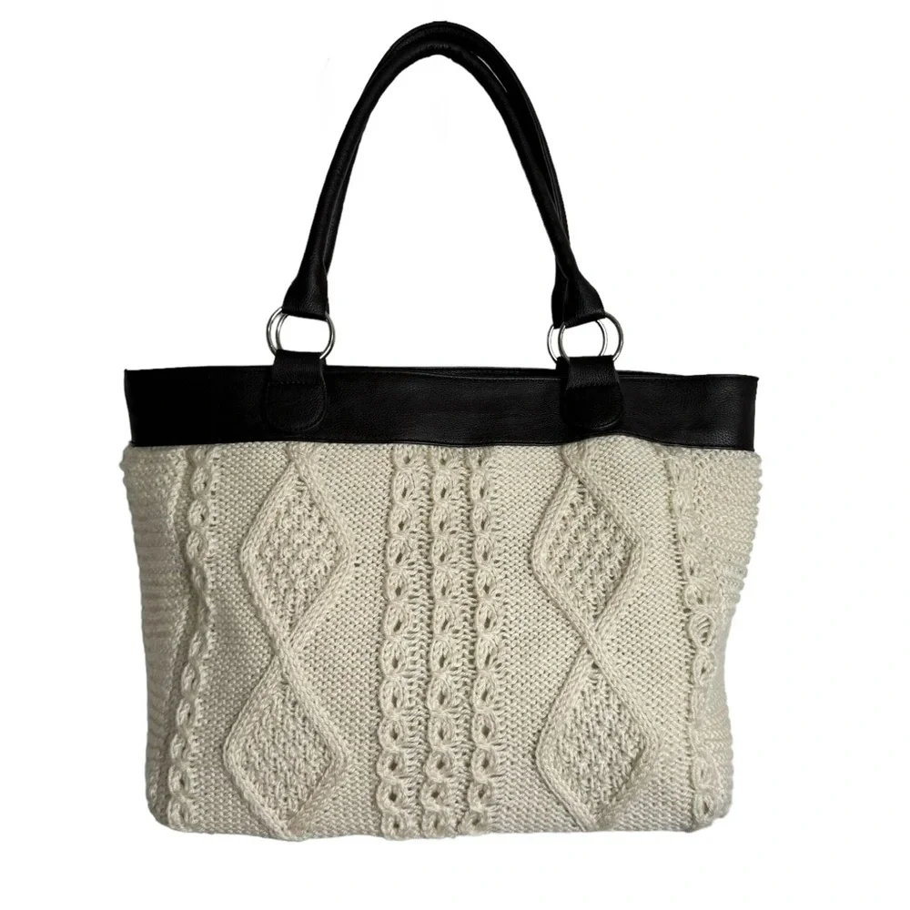 4/$40 Sweater Knit Faux Leather‎ Cream Knit Sweater Medium Tote Bag